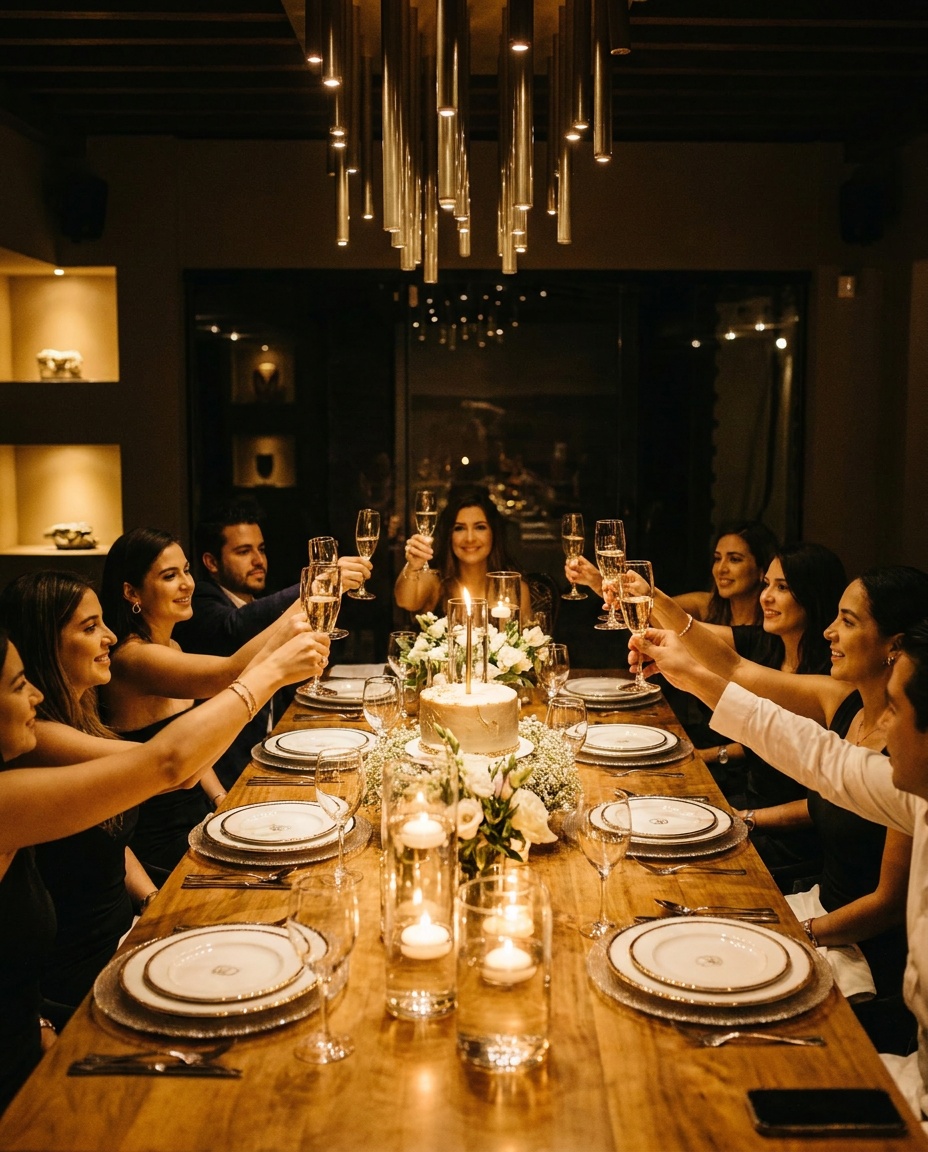 Private celebration with champagne and cake