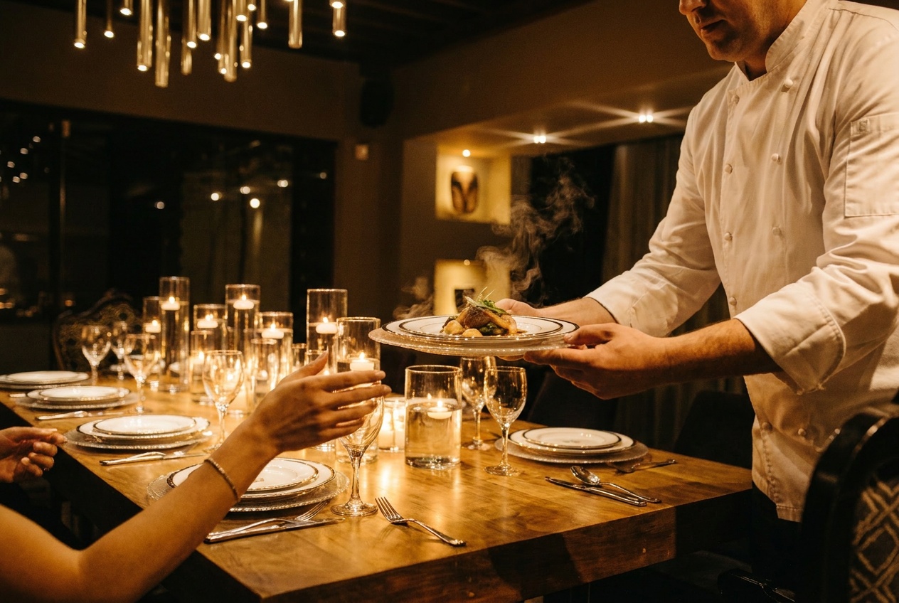 Chef presenting a dish at the table