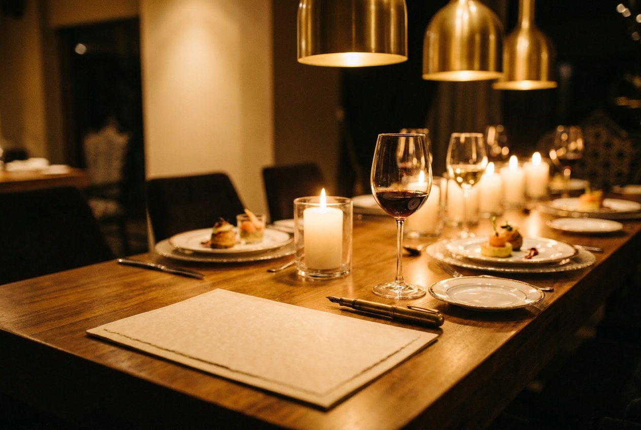 Menu card, candle and small plates